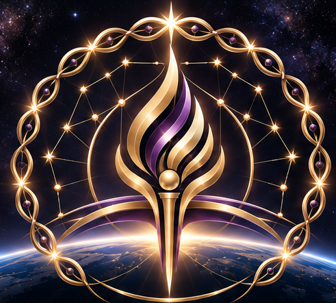 Exact torch artwork from the Assembly design board, including its golden ball, curved forms, constellation and Earth horizon.