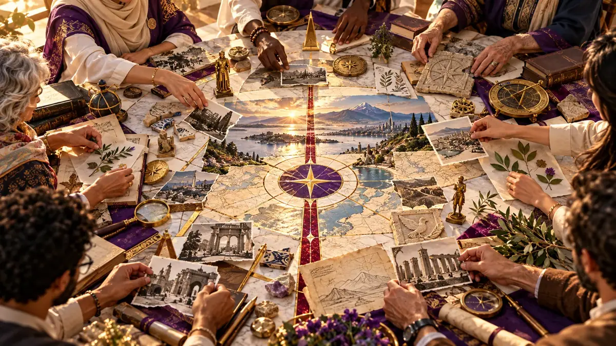 Concept illustration of people comparing historical records and their origins.