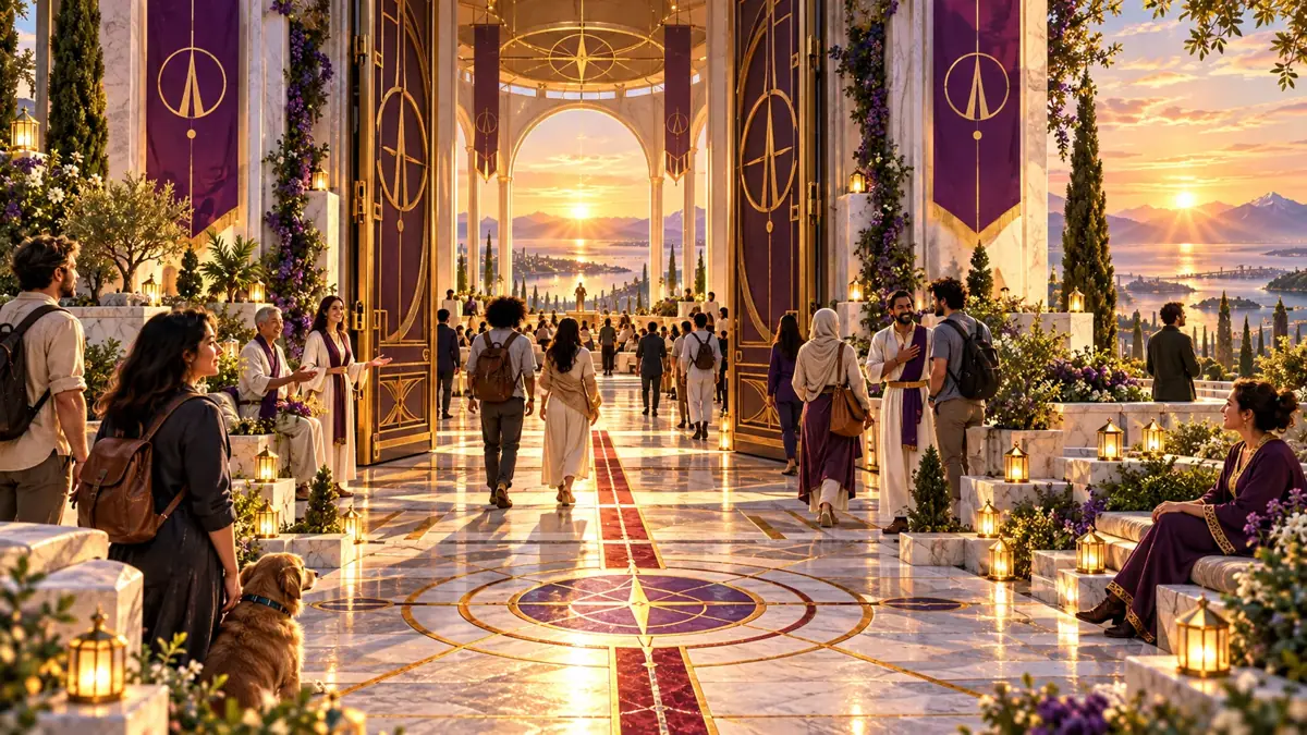 An open doorway with visitors entering a light-filled gathering space